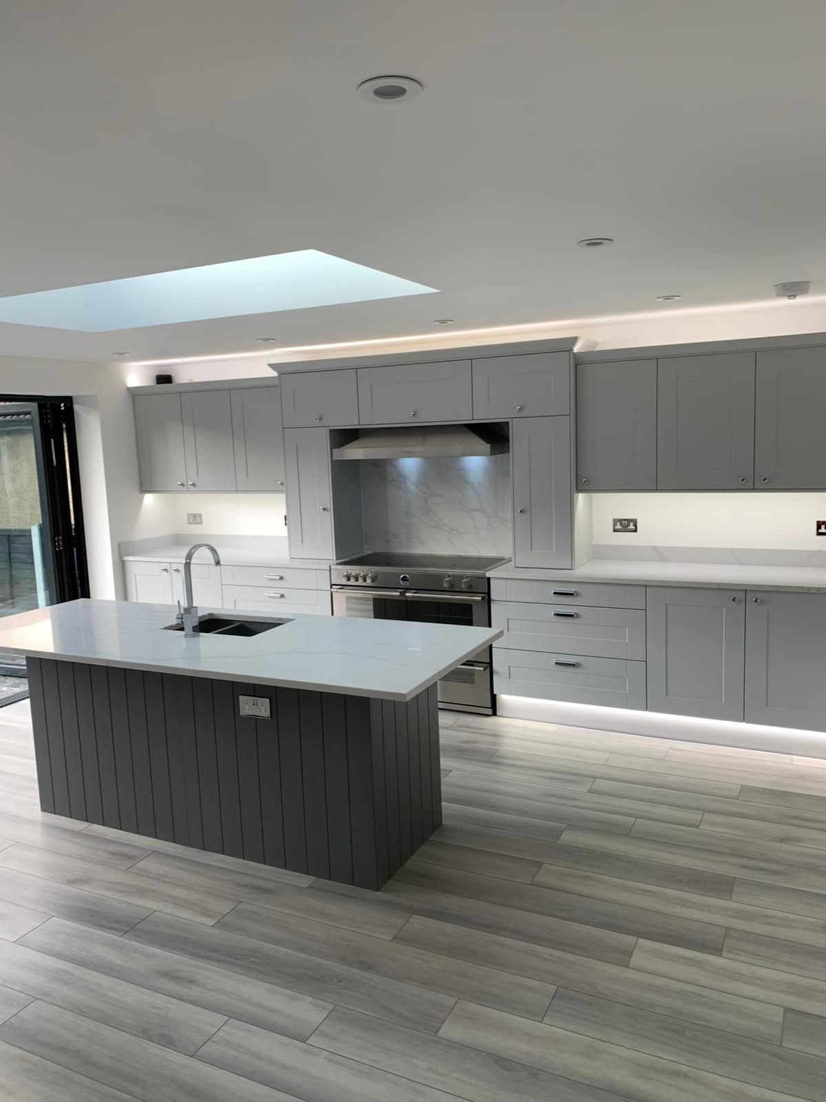 Large modern kitchen with skylight